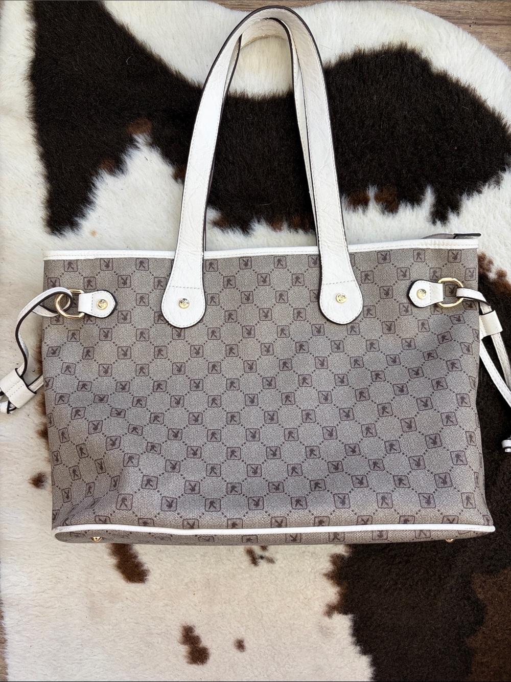 PLAYBOY Beige and White Monogram Tote Bag